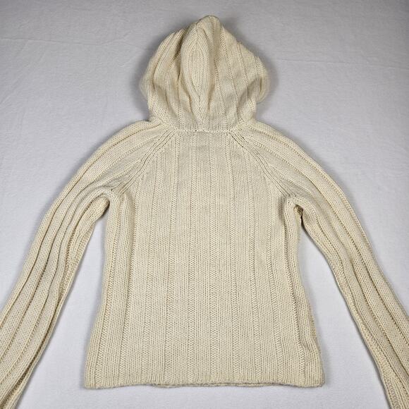 Vintage Y2K Cable Knit Sweater Womens Lambs Wool Hood Wood Toggle Button Cream M - Picture 8 of 15